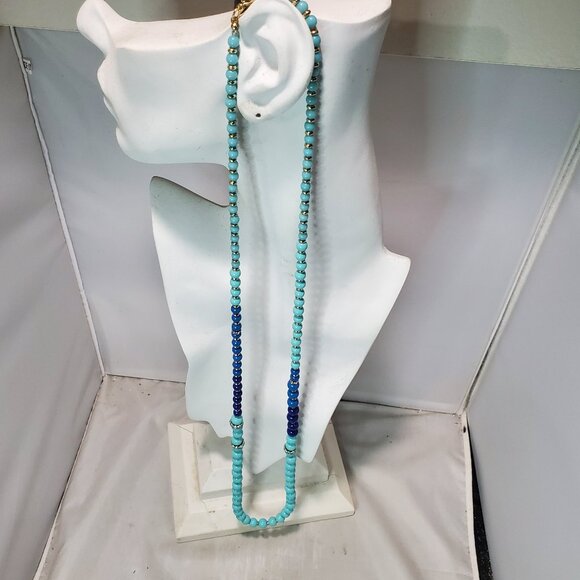 Ann Taylor Necklace, Multiple Shades Blue Beads W/Gold tone Crystal Rhinestone - Picture 13 of 13